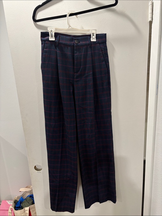 Zara Pants - Zara Navy Plaid Wide-Leg Trousers with Red Windowpane